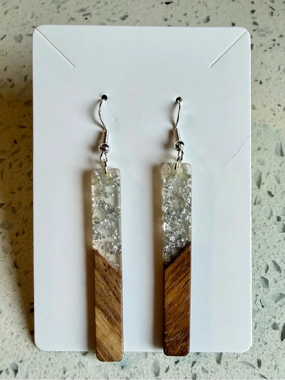 Handmade Natural Wood Resin Drop Earrings 925 Sterling Silver Minimalist Dangle